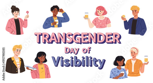 Illustration of diverse people supporting Transgender Day of Visibility with colorful design elements on a white background.