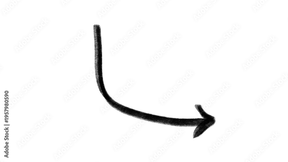 Obraz premium Right angle curved thin doodle arrow pointing down and right