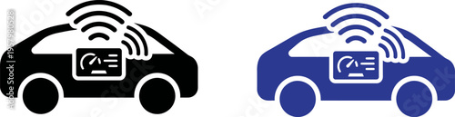Two icons of connected autonomous vehicles featuring wireless signal waves and a dashboard display