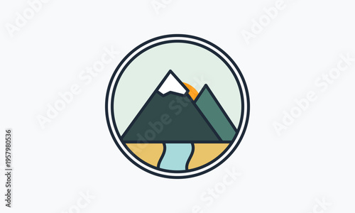 A minimalist circular vector illustration depicting snow-capped mountains and a flowing blue river