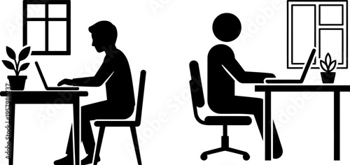 Two separate black silhouette icons showing people sitting at desks and working on their laptops