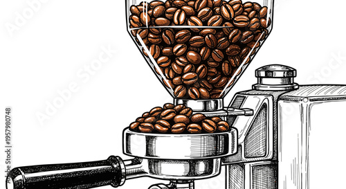 Illustration of coffee beans pouring into espresso machine portafilter