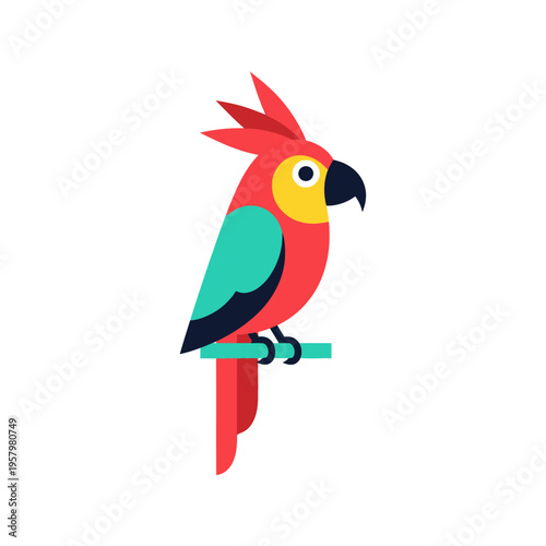 Vibrant Flat Design Parrot Perched on Branch, Tropical Bird Illustration