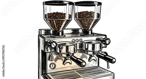 stainless steel double coffee bean grinder and espresso machine illustration