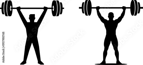 Black silhouette icons showing a person performing a standing overhead barbell press exercise move