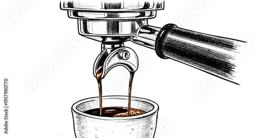 Espresso pouring from portafilter into a cup illustration