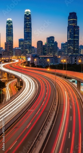 Vibrant Cityscape With Streaking Light Trails On An Elevated Highway At Dusk