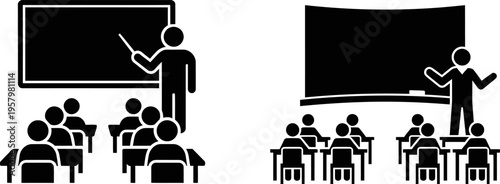 A comparative icon set showing a teacher presenting in a traditional classroom and a lecture hall