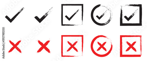 Hand drawn check tick mark icon set. Grunge vector checkmark and cross.  Grunge brush stroke signs. Grunge checkmark design. Correct or incorrect sign with circle and rectangle. Vector illustration. 