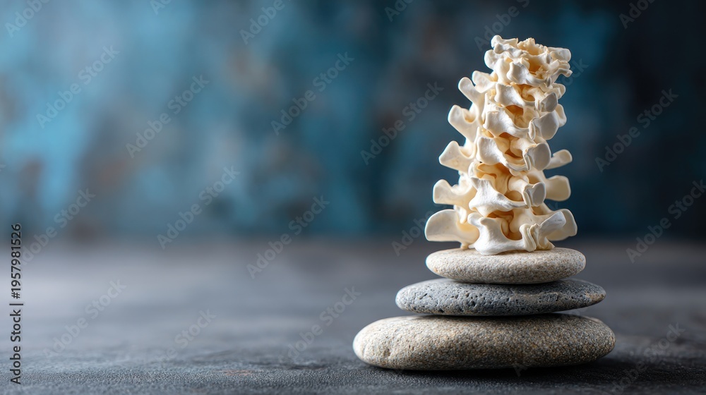 Obraz premium Human Spine Model Balanced on Stacked Smooth Stones.