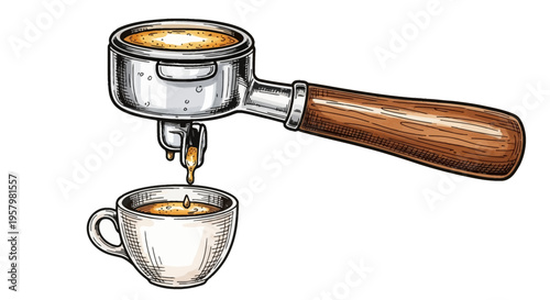 Hand-drawn illustration of espresso pouring into coffee cup