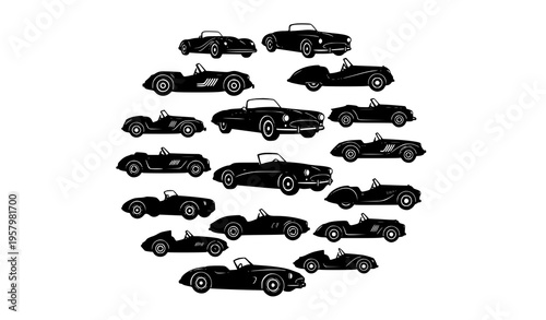 Retro convertible and vintage racing car silhouettes vector clipart collection isolated on white