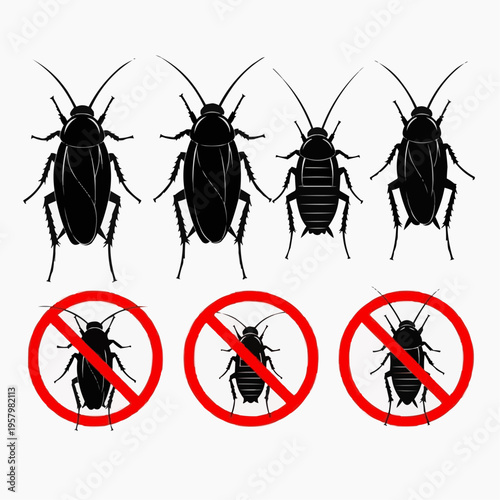 Vector set of diverse common cockroach types, including explicit prohibition signs, for vital pest control and efficient eradication strategies