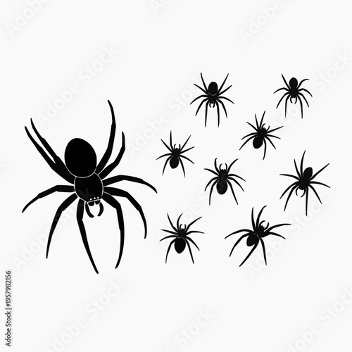Creepy Crawly Collection A Spooky Assortment of Silhouetted Spiders in Various Sizes, Perfect for Halloween and Horror-Themed Designs