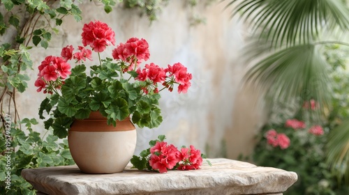 Pink geranium flowers blooming in a terracotta pot