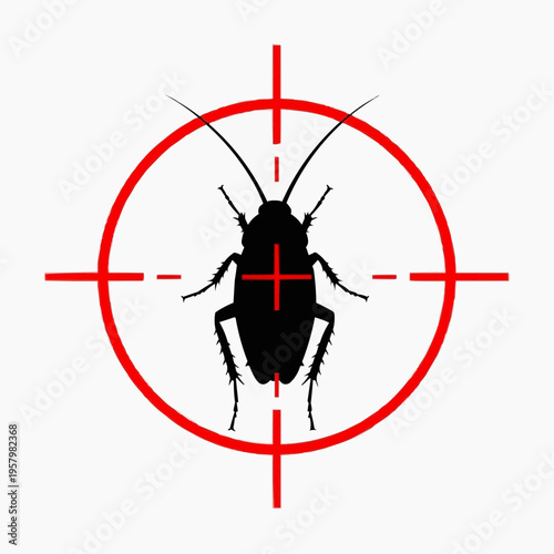 Precise pest control target graphic featuring a cockroach silhouette within a red crosshair, symbolizing extermination, eradication, and home protection efforts against unwanted insects
