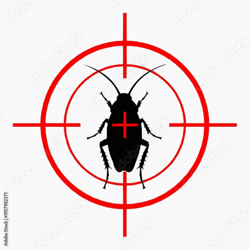 Symbolic graphic illustration depicting a troublesome insect species, a cockroach, precisely centered within a vivid red target scope, representing pest management and eradication efforts