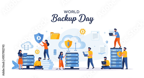 Illustration of people working around servers and data storage devices with cloud backup concept on World Backup Day against a clean white background.