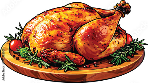 Roasted chicken with herbs and spices vector illustration