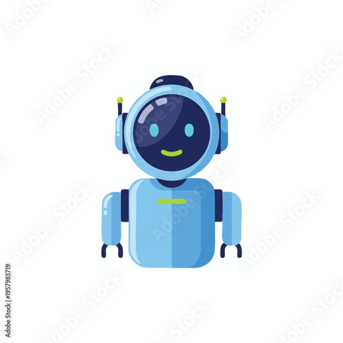 A cheerful, blue cartoon robot with a round head and antennae