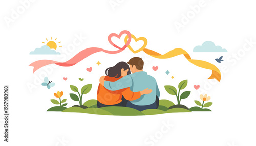 A loving couple embracing in a beautiful outdoor romantic illustration