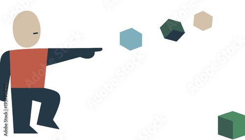 A cartoon character throwing colorful geometric shapes in a playful illustration