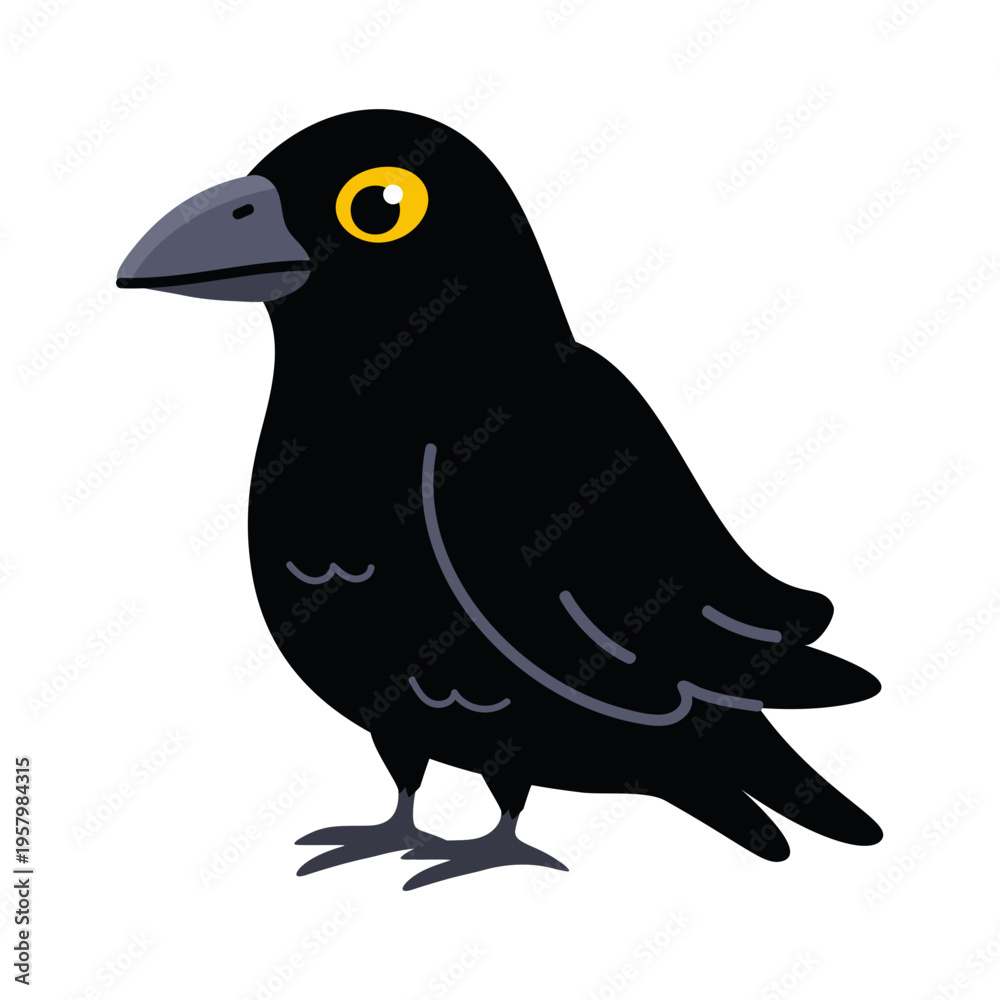 Fototapeta premium Cartoon Crow Image A Simple Flat Graphic of an Ominous Black Bird with Yellow Eyes