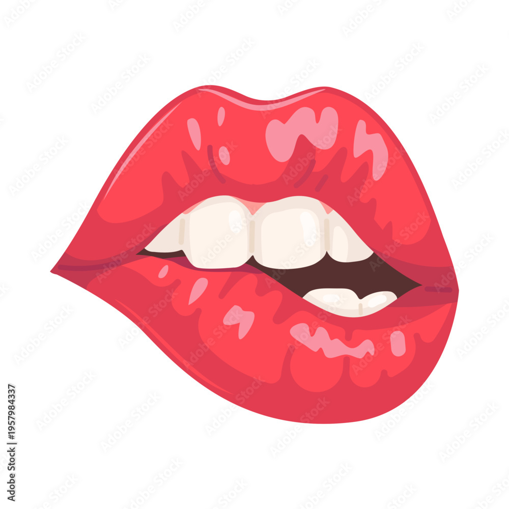 Obraz premium Lustrous Red Lips Biting Lower Lip Cartoon Vector Illustration Isolated on White Background