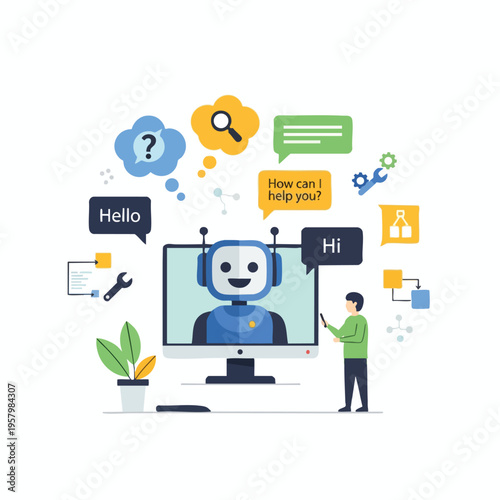 Flat vector illustration of a chatbot interacting with a user via computer