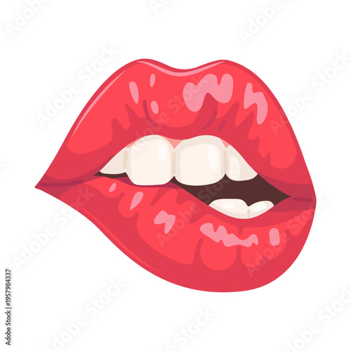 Lustrous Red Lips Biting Lower Lip Cartoon Vector Illustration Isolated on White Background