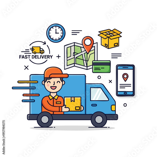 Animated delivery worker, truck, map, clock, package, credit card, and phone