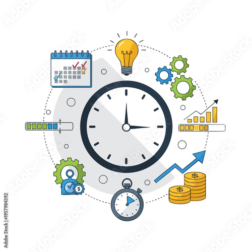 Diagram depicting clock, calendar, lightbulb, gears, charts, money and stopwatch