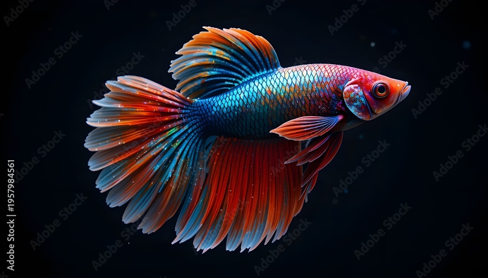 Fototapeta premium Colorful betta fish with flowing fins, dark background, sharp detail