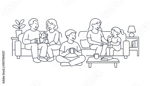 Family sitting on a couch in a modern living room illustration