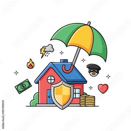 Illustrated house protected by umbrella from threats like fire, lightning, and a robber