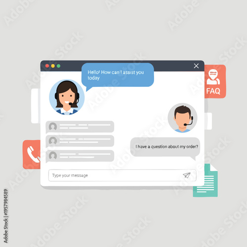 Customer service chat interface with two agents, messages, and icons