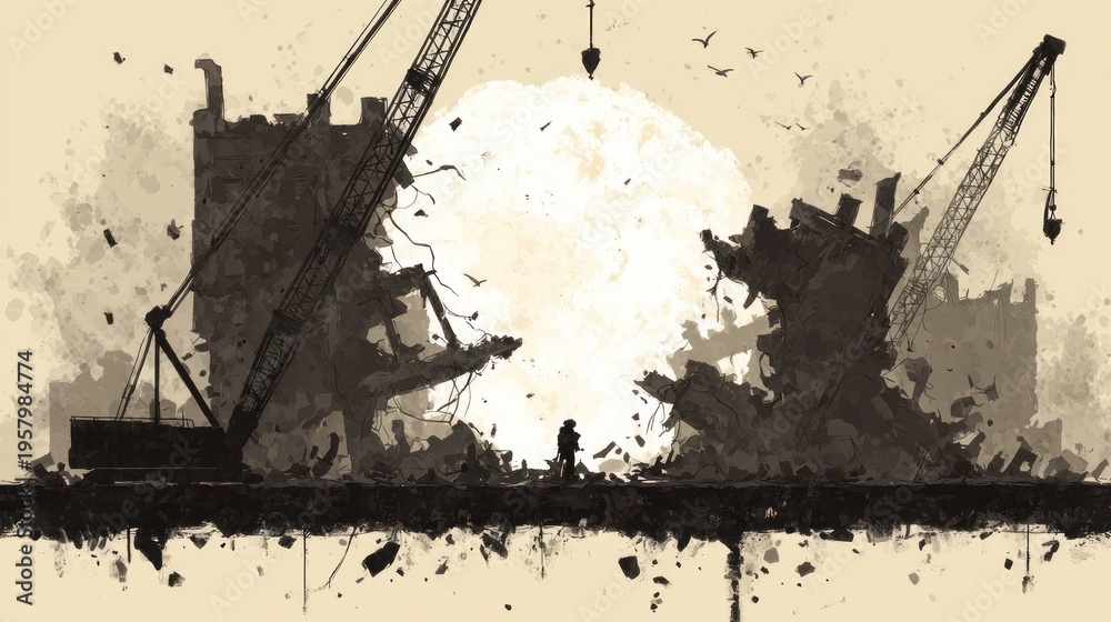 Obraz premium Silhouette of a lone figure amidst industrial demolition and destruction.