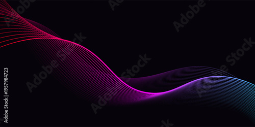 Abstract colored background with flowing wavy lines. Thin, vibrant neon light lines create a glowing effect. Bright shades of blue, purple and red smoothly transition into dark tones and black.