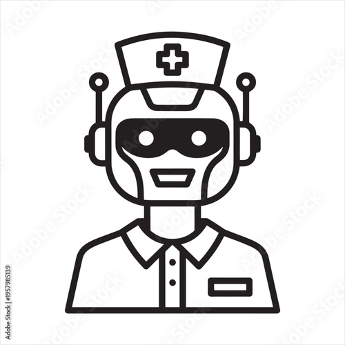 Medical robot nurse avatar, futuristic healthcare android character icon, robotic assistant in nursing uniform line art vector