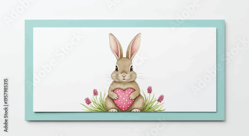 Adorable brown bunny holding a pink heart in a floral setting