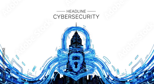 A cybersecurity-themed illustration of a lock surrounded by blue waves and cityscape silhouette on a white background with a headline reading 'Headline Cybersecurity'.
