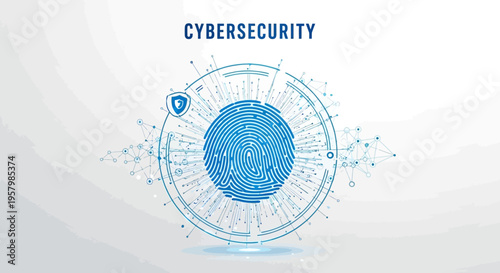 A blue illustration of a cybersecurity concept with a central circle and surrounding network lines against a light gray background with the word 'CYBERSECURITY' above.