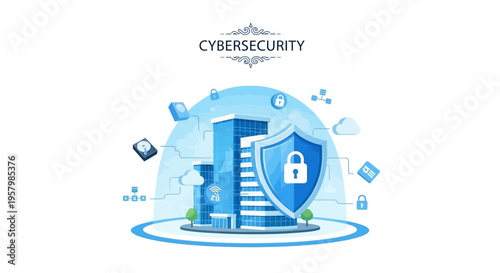 A cybersecurity illustration depicting a shield with a lock and a staircase leading to a secure server, surrounded by various digital security elements on a blue background with a clean