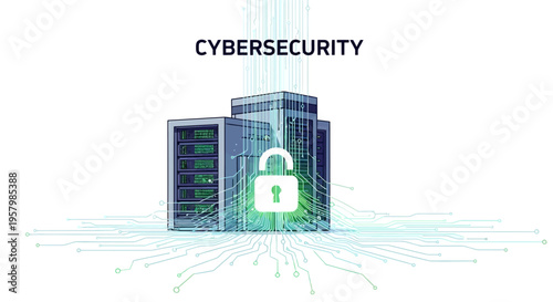 A green padlock secures a futuristic server room with glowing lines and circuits, representing cybersecurity and data protection.