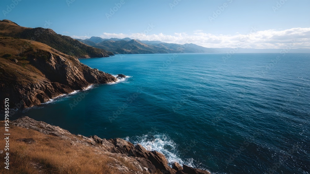 Fototapeta premium A breathtaking panoramic view of a rugged wild coastline meeting the deep blue ocean with distant mountains under a clear sunny sky