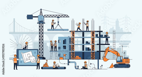 Construction workers on a building site.