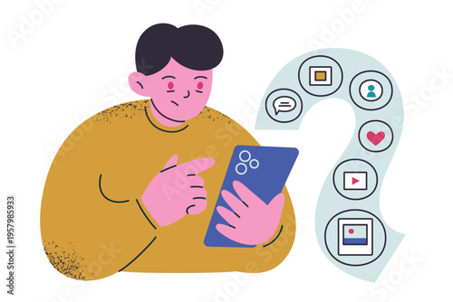 Flat cartoon tired character with red eyes scrolling smartphone, endless feed doomscrolling scene. Social media addiction, screen time, likes and online friends, digital wellbeing vector illustration