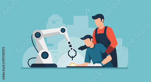 Man and boy with robotic arm.