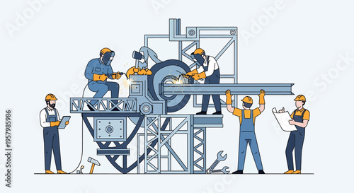 Workers operating industrial machinery together.