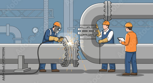 Workers welding large metal pipe section.